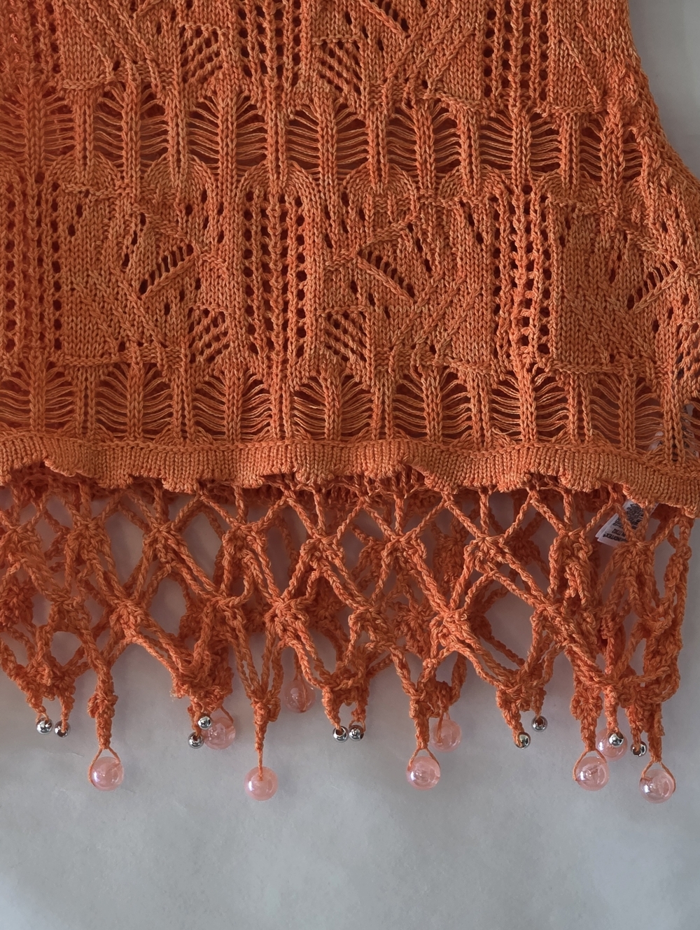 Zara Crochet Knit‎ Crop Top Size L Fringe Tassel Hem Beaded Orange Festival Boho - Picture 4 of 11